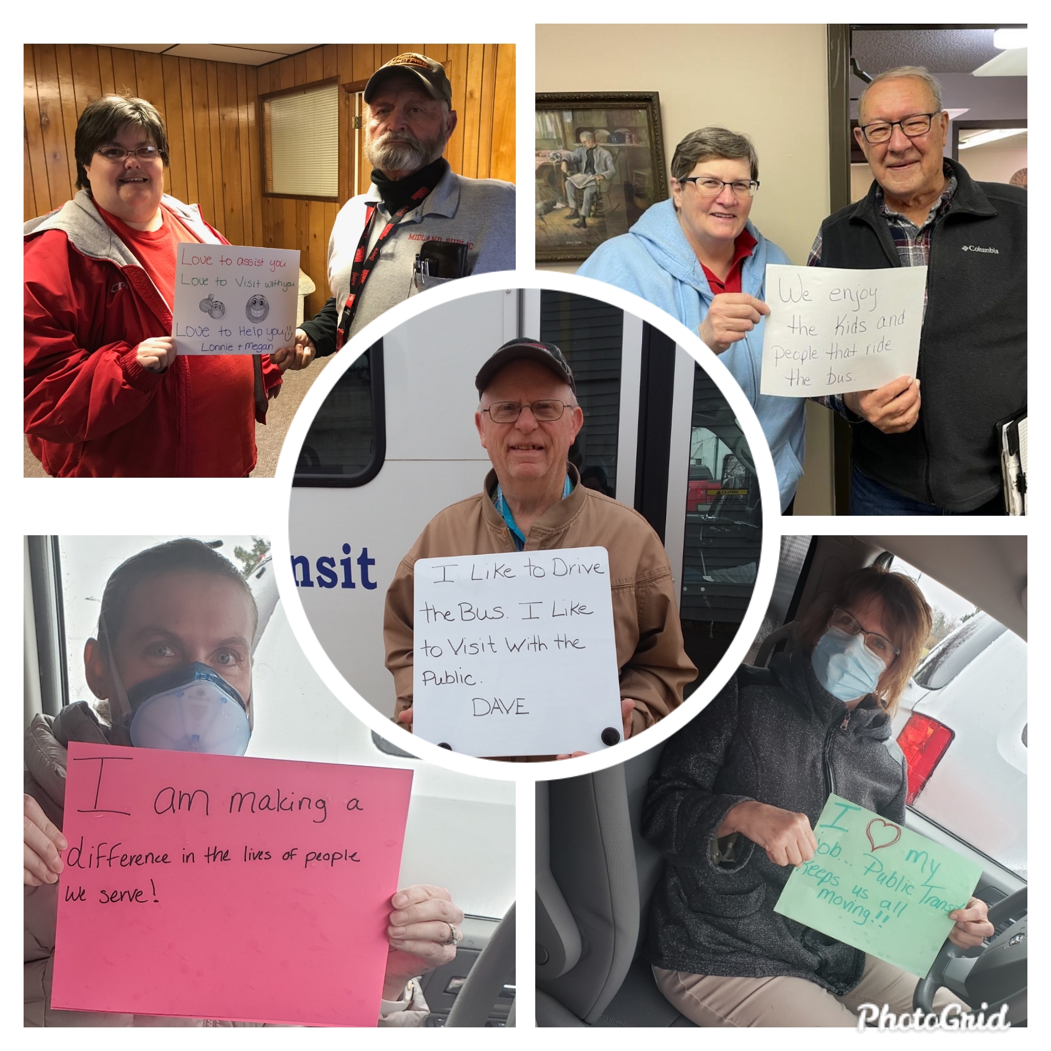Photo collage of Midland Public Transit passengers and drivers during Nebraska Public Transit Week 2021